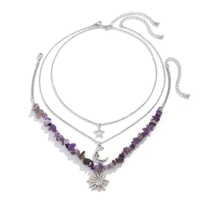 Vintage Multi-layered Necklaces for Women Gilrs Sweet Cool Stones Beaded Choker Sun Moon Star Pendant Chains Necklace Jewelry Friends Gift
