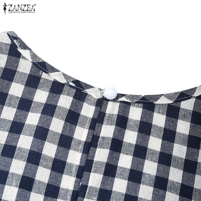 ZANZEA Women Plaid Print Casual Round Neck Short Sleeve Dress