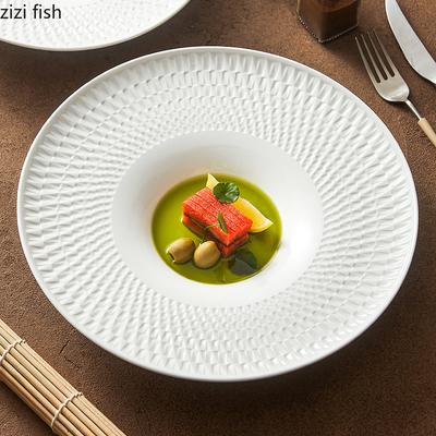 Relief Textured Ceramic Thick Soup Plate Restaurant Circular Salad Plate Dessert Snack Plates Pasta Plates Specialty Tableware