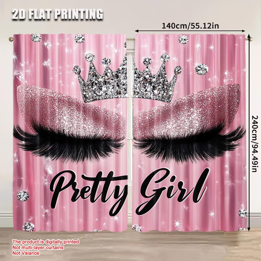 2Pcs Eyelash Curtainsstylish Pink Sparkles Blackout Curtains Adult Eyelash Diamond Aesthetic Curtains Drapes Makeup Eyelash