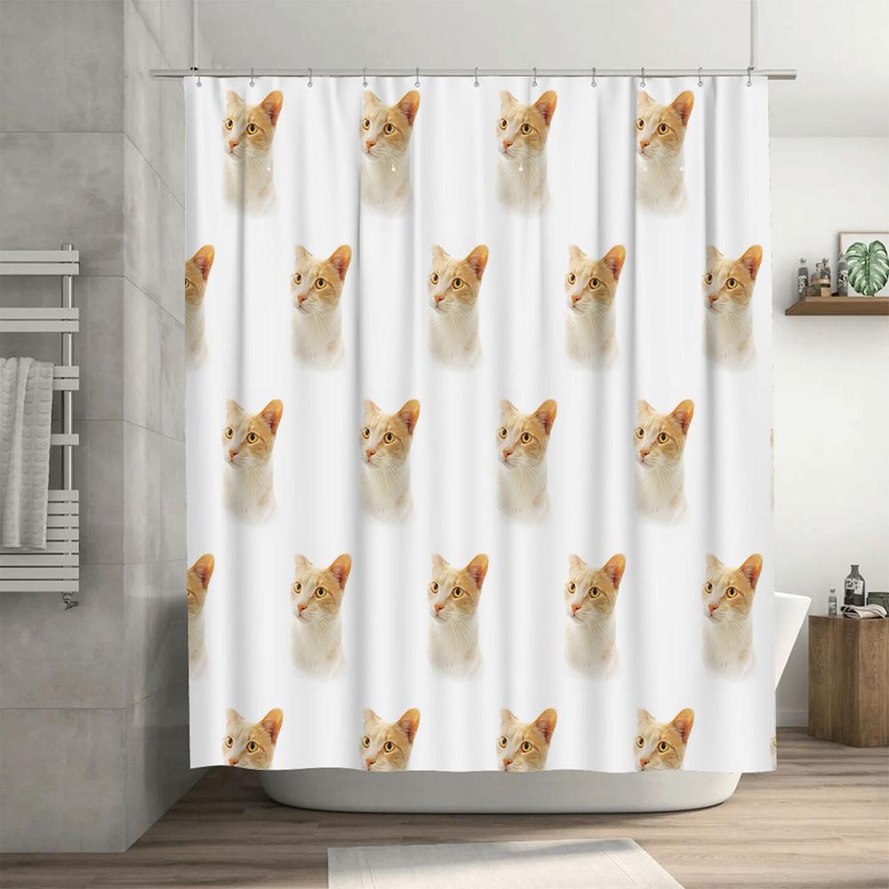 Adorable Cat Face Shower Curtain Modern Bathroom Decor for Pet Lovers White Yellow Kitten Print Home Decoration Wall Art