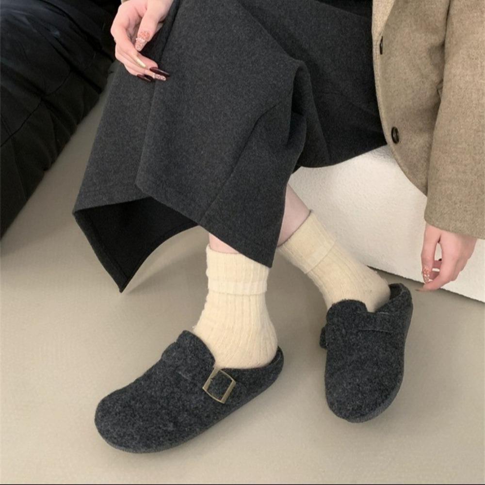 New Women Slippers Mules Fur Women Shoes Winter New Buckle Flats Platform Walking Plush Ladies Slides Casual Warm Indoor Boots