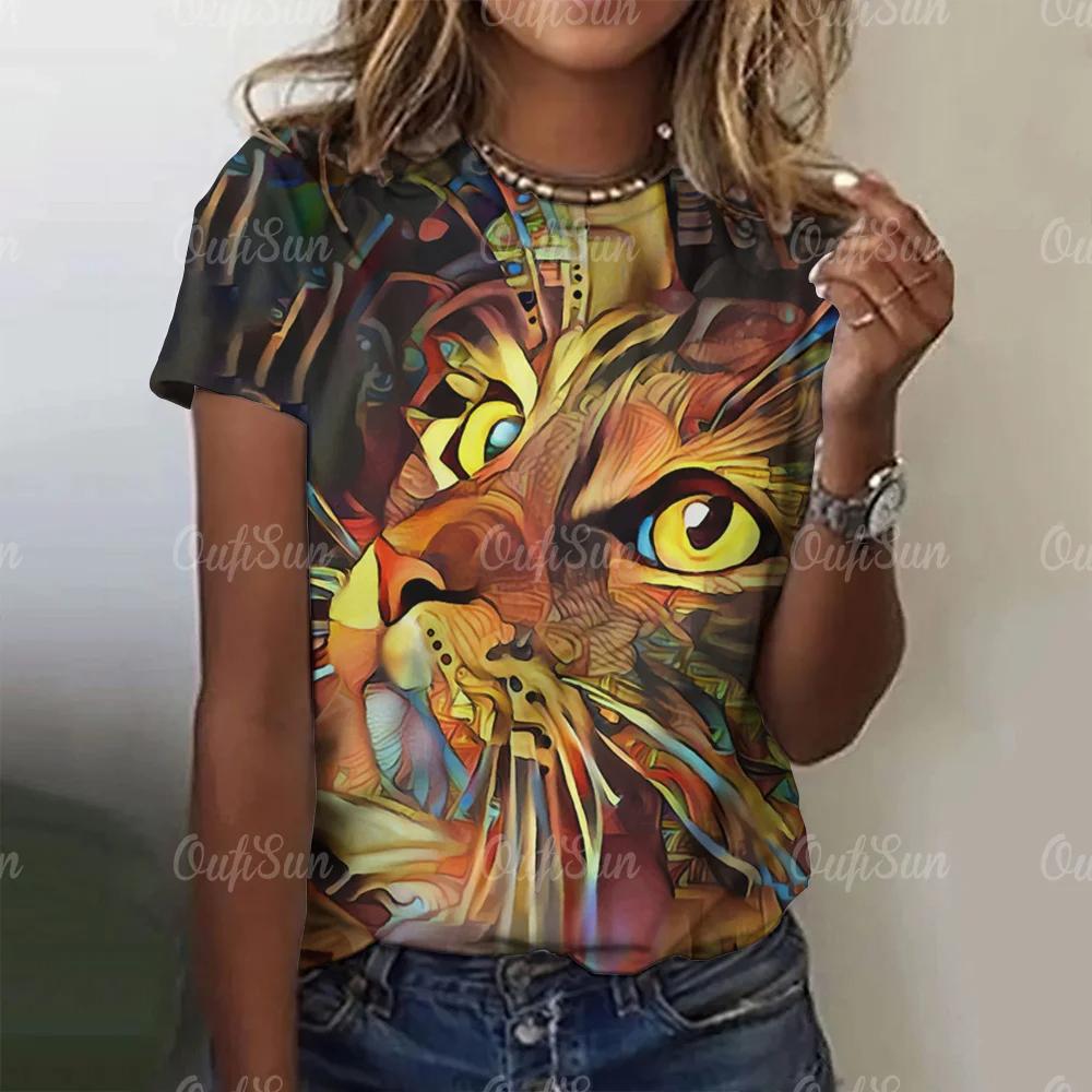 Summer Round Neck 3D Cat Printed Top Fashionable Casual Short Sleeved Women's T-shirts