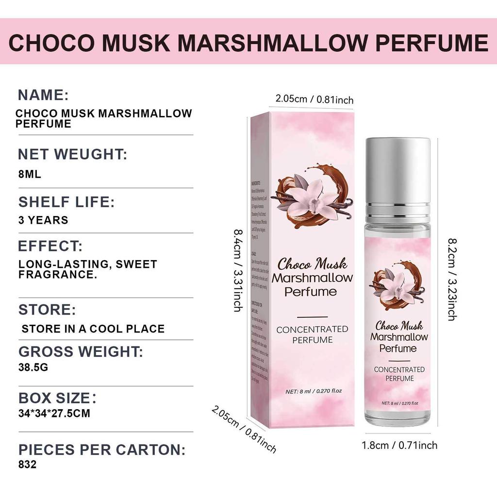 Choco Musk Marshmallow Perfume 8ml, Long Lasting Sweet Gourmand Fragrance, Women's Eau de Parfum, Portable Perfume Oil Roll On