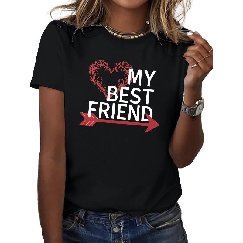 

European Size MY BEST FRIEND Graphic Women s T-Shirt - Comfort Fit, Crew Neck, Short Sleeve, Machine Washable - White with Red Heart 4XL чорний