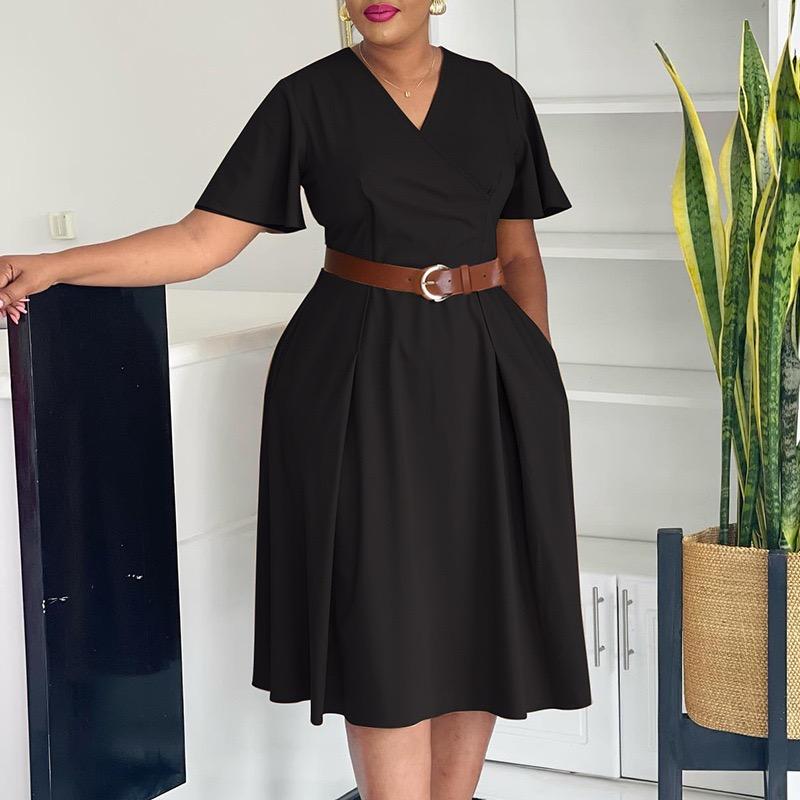 Платья с V-образным вырезом и короткими рукавами для женщин С поясом на талии Плиссированные до середины икры Модные Женские Платья на День Рождения Ужин S