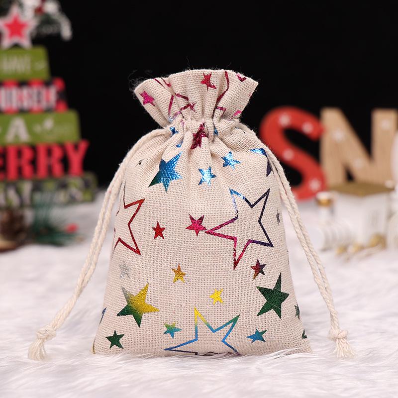 Christmas Gold Foil Cotton Linen Drawstring Gift Bag for Candy