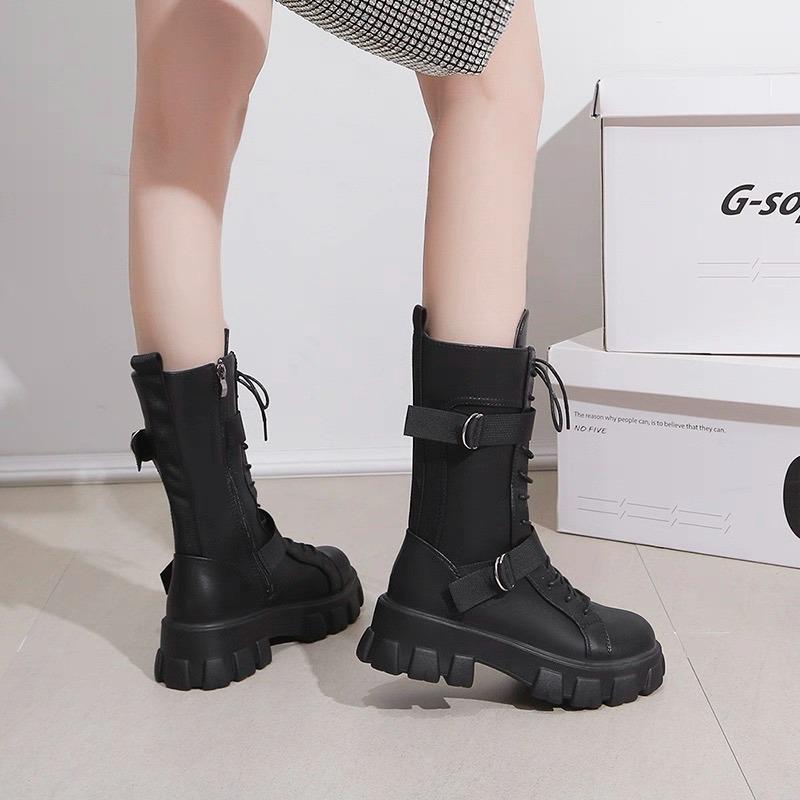Women's Mid-Calf Boots High Quality Casual Leather Boots Fashion Motorcycle Booties Designer Belt Buckle Knight Boots for Women