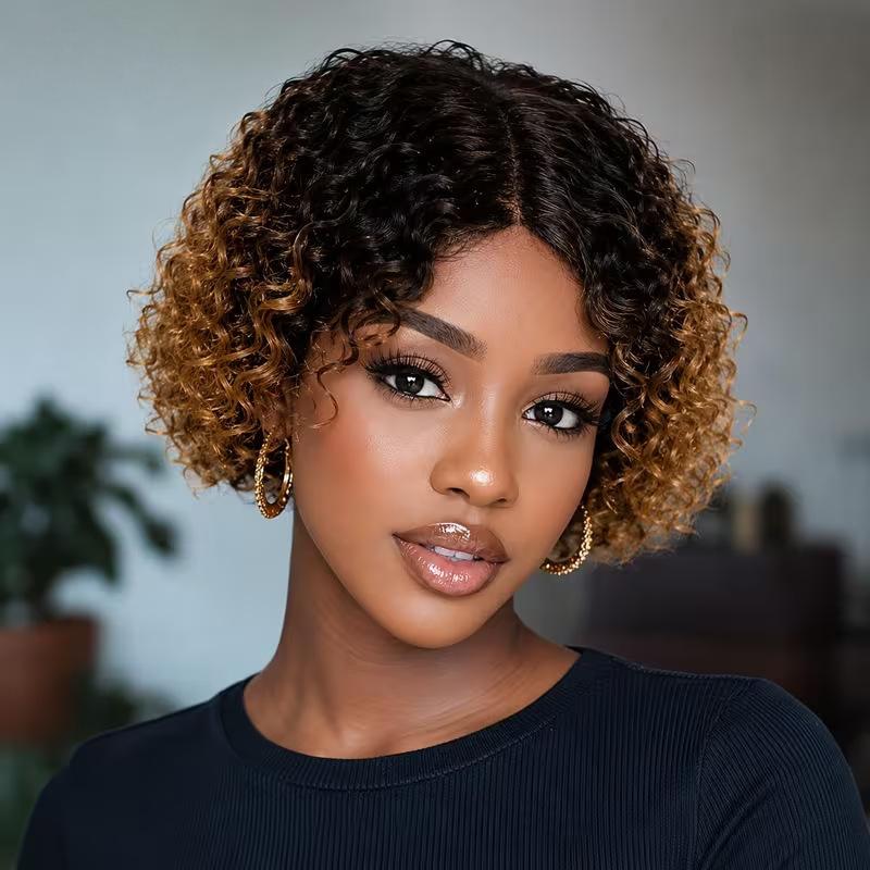 Women Short Curly Wigs With Bangs Stylish Synthetic Golden Brown Natural Hair Daily Party Costume Use Heat Resistant Fibre