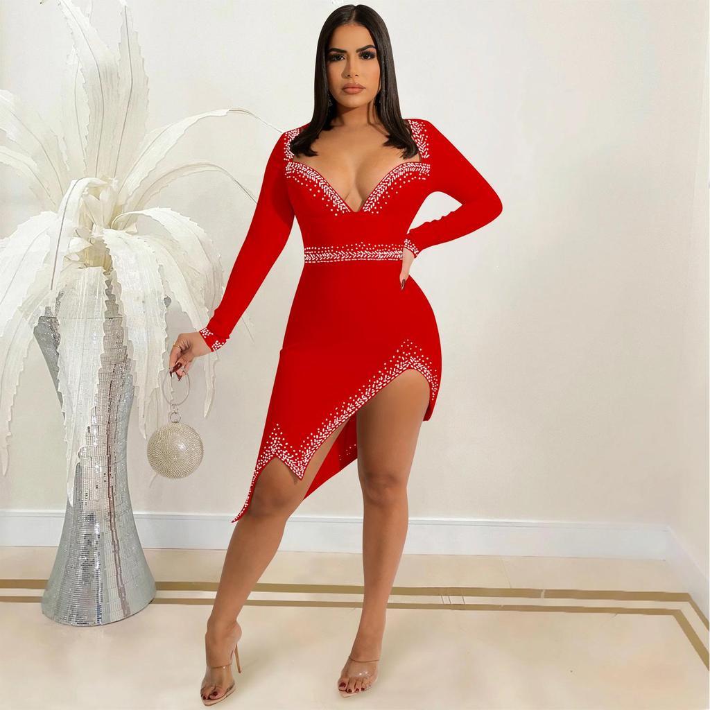 Rhinestone V-Neck Sexy Slit Long Sleeve Irregular Dress for Women