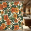 1pc Bright Orange Hibiscus Shower Curtain-Large Flowers and Green Leaves On a Cream Background Polyester Fabric Machine Washable
