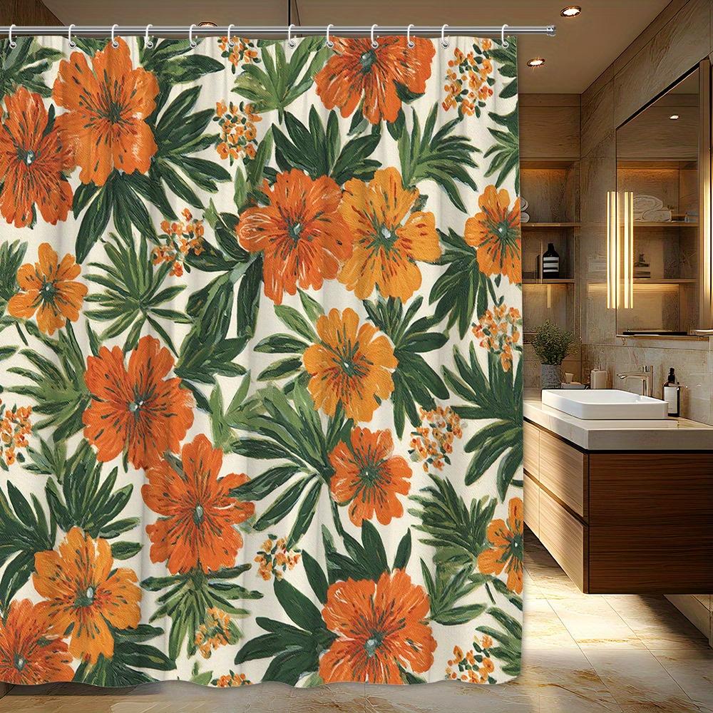

1pc Bright Orange Hibiscus Shower Curtain-Large flowers and green leaves on a cream background Polyester fabric Machine washable 90X180cm