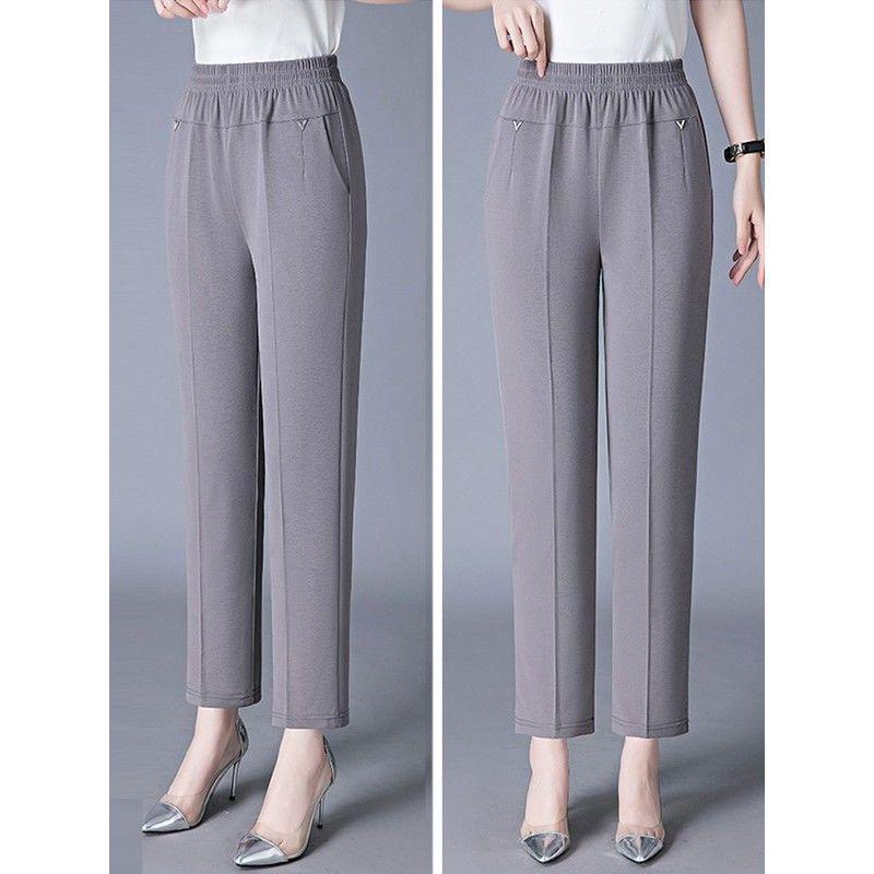 Women's Lightweight Ice Silk High-Waist Casual Pants for Summer - Mid to Elderly, Loose Fit, Nine-Length