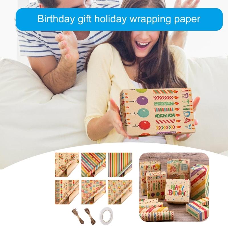 Birthday Gift Wrapping Paper Set Unique Birthday Gift Patterned Wrapping Paper with Tape Card and Straw Rope