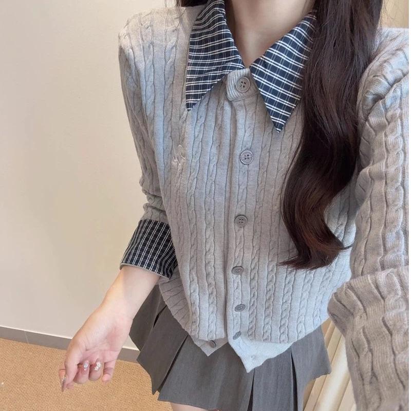 

Plaid polo collar fake two-piece twist long-sleeved sweater for women to wear early autumn tops OneSize серый