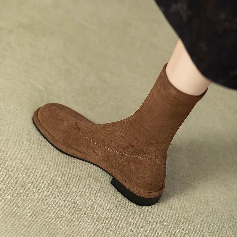 2025 new autumn and winter suede thin round head medium tube low heel elastic thin boots round head flat bottom sleeve short boots women