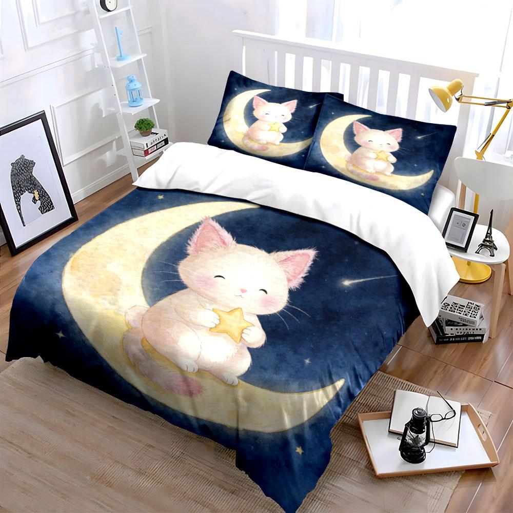 Moon Cat Starry Night Decor Soft Comfortable Duvet Cover Bedding Set Included 1*Duvet Cover & 2*Pillowcases, Gift