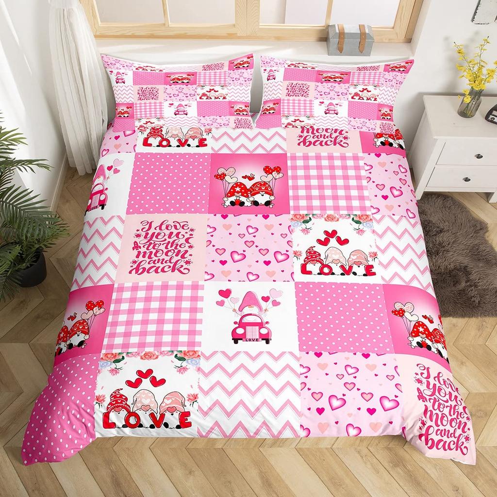 Valentines Day King Duvet Cover Romantic Bedding Set Kawaii Couple Gnome Comforter Cover Pink Rose Hearts Polyester Quilt Cover