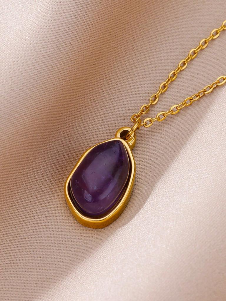 1pc Women's Stainless Steel Asymmetrical Purple Natural Stone Pendant Necklace, Fashion Accessory For Daily Wear