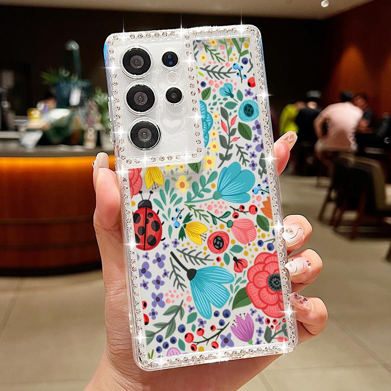 Ladybug Flowers Print Phone Case For Samsung Galaxy A55 A56 A54 A36 A15 A26 A16 S25 Edge S24 S22 Ultra S23 FE Diamond TPU Cover