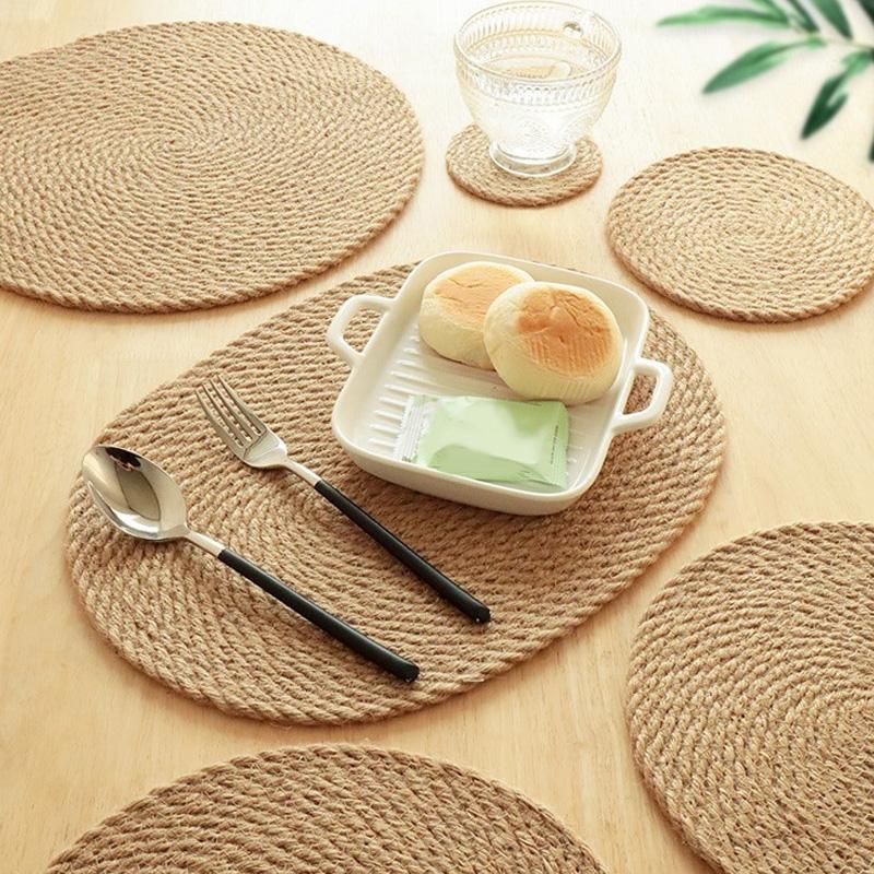 Venkovský lněný prostírání Tráva Pletený podtácek Kruhové prostírání