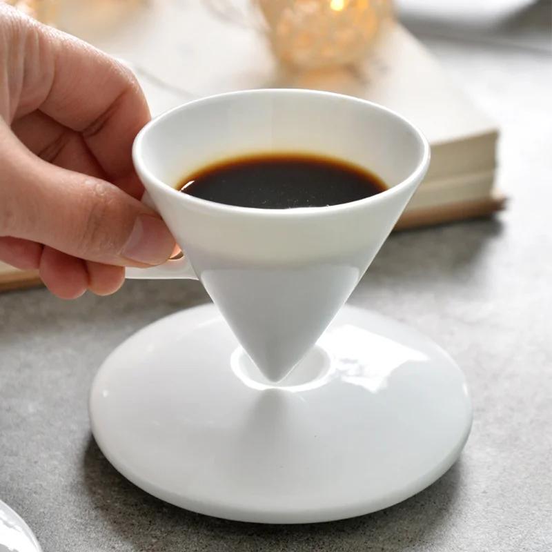 

Light Luxury Bone China Coffee Cups Creative Cone Ceramic Espresso Mug and Saucer Sets Original Small Teacup Personalized Gifts 70ml белый