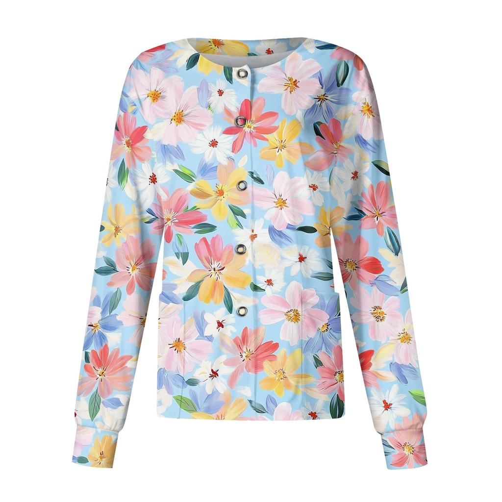 Women's Casual Long Sleeve Single Breasted Floral Print Medical Scrub Cardigan Top Comfortable Fit Lightweight Fabric Suitable for Work