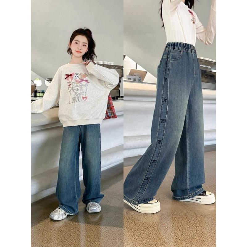 

Girls Wide-Leg High Waist Jeans, Medium-Large, Soft and Comfortable for Spring/Autumn 160cm
