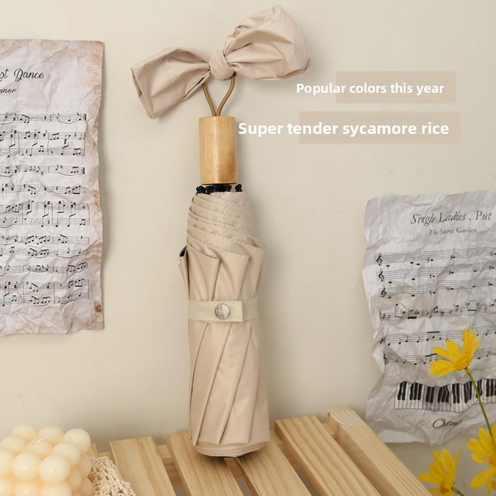 Solid Color Sunscreen Umbrella Wooden Handle Folding Sun Umbrella Rain Umbrella  Outdoor