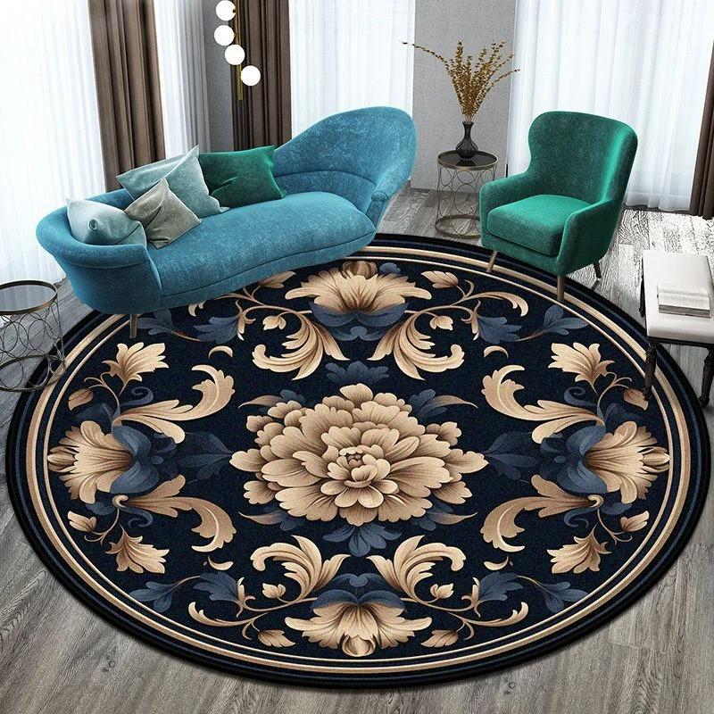 European Style Big Size Round Rug Flower Design Easy Clean Carpet Living Room Soft Foldable Room Decoration Home Mats Washable