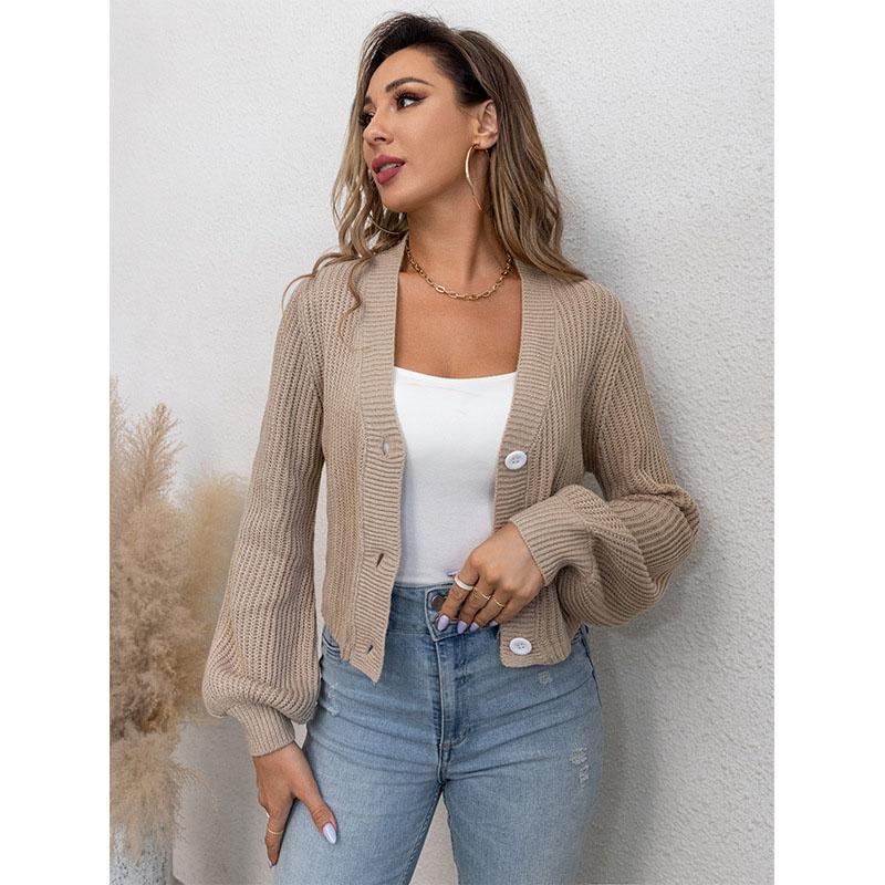 

Knit Cardigan Sweater Retro Simple Solid Color Lantern Sleeve V-neck Button Long Sleeved Caot Women Short Sweater Thick Knitwear Harajuku Style Autumn S хакі