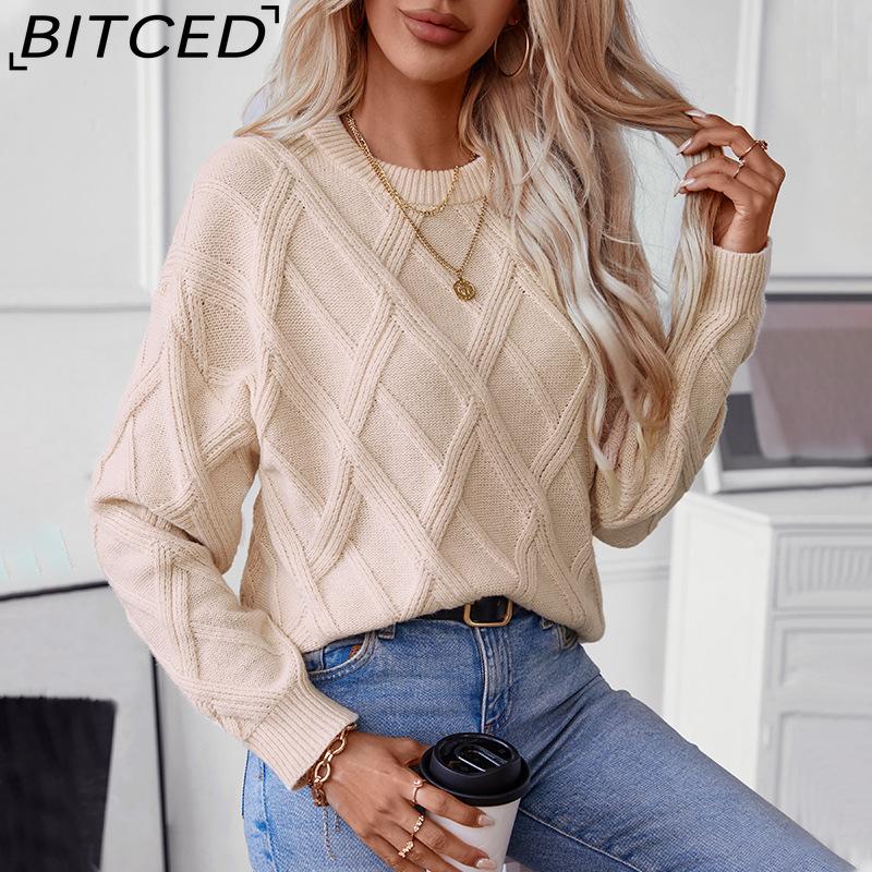 BITCED Autumn/Winter Diamond-Patterned Pullover Sweater for Women Loose-Fit O-Neck Knitted Top