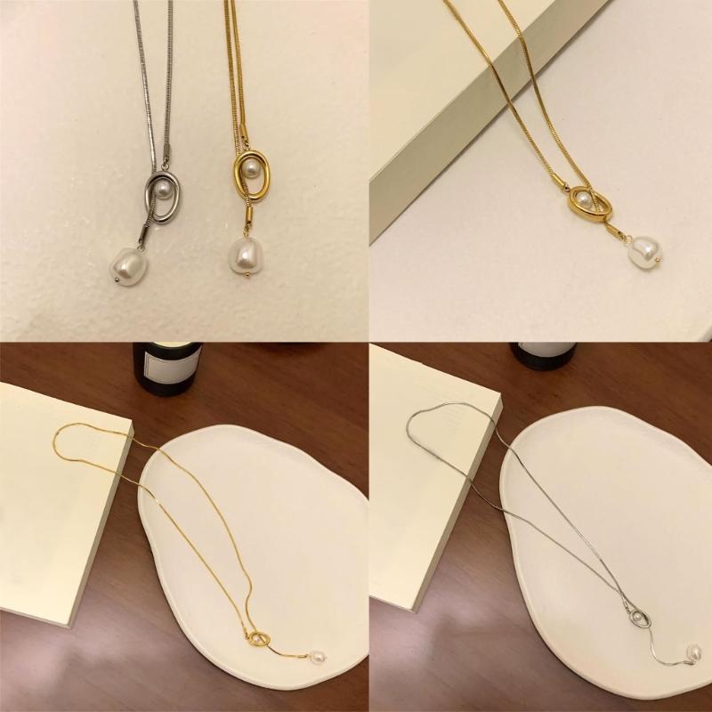 Sturdy Brass Adjustable Chain Baroque Pearls Pendant Long Necklace for Women's Fashion Sweater Chain Jewelry Accessory