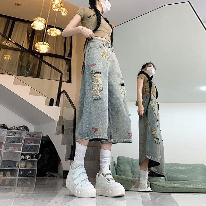 Women's High Waist Wide Leg Cropped Jeans Loose Seven Length Denim Pants Ripped Embroidery Acid Wash Plus Size Summer Casual Trousers