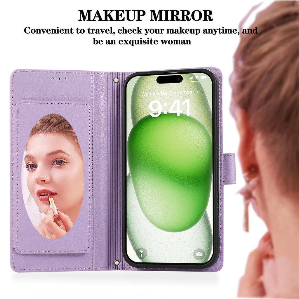 Für iPhone 16 Hülle Mehrere Kartenfächer Reißverschluss Leder Handyhülle mit Schultergurt/Handschlaufe