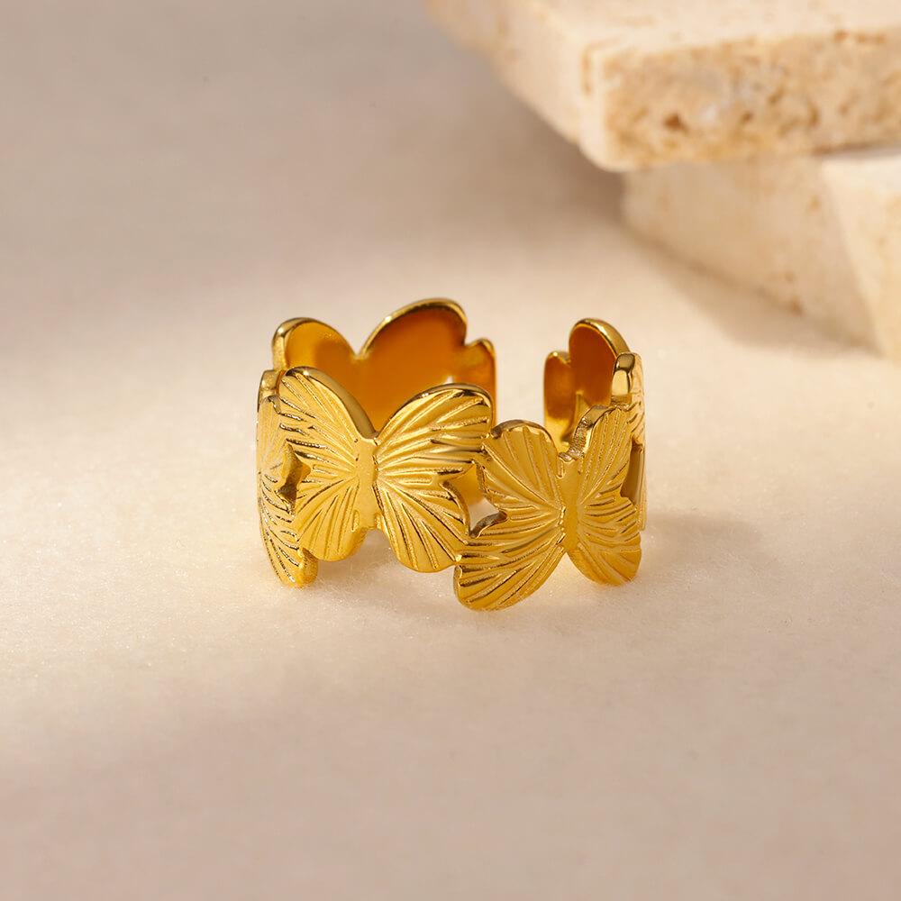 Butterfly Ring for Women Gold Plated Stainless Steel Butterfly Opening Ring Hypoallergenic Wedding Christmas Jewelry
