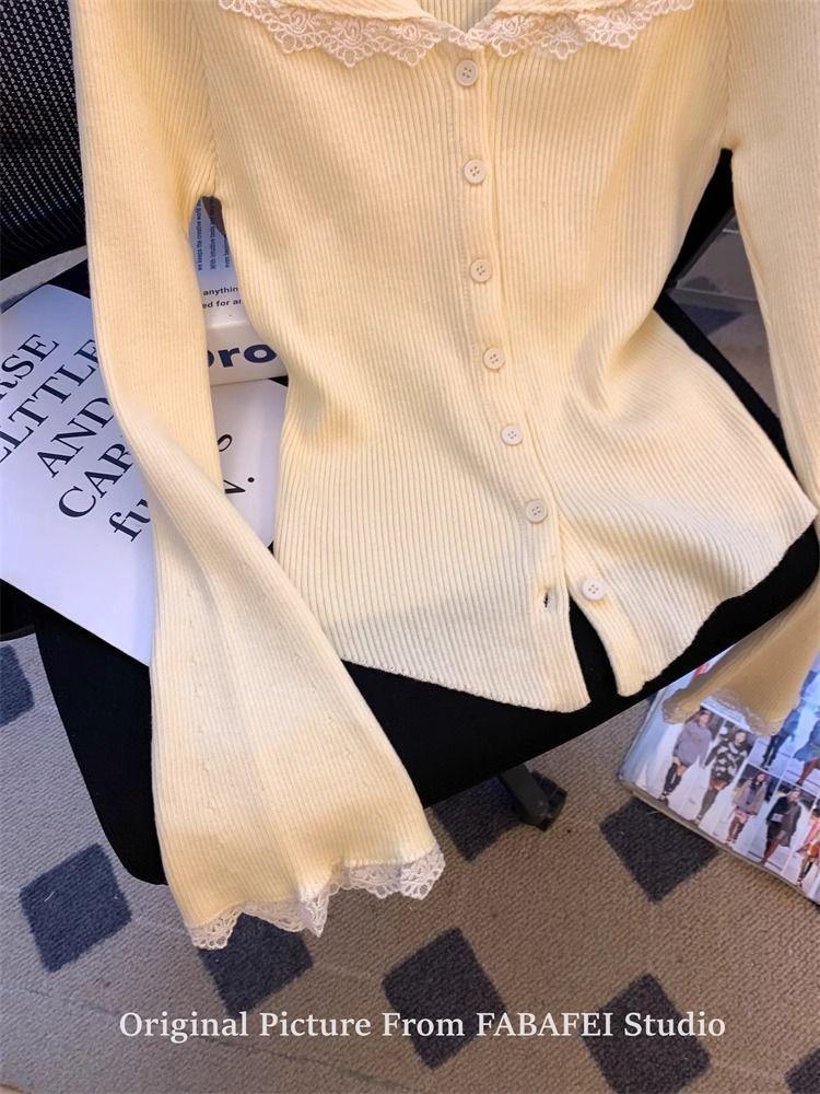 2024 Women's Autumn Knitted Cardigan: French Lace Peter Pan Collar, Bell Sleeves, Skirt Hem Crop Top