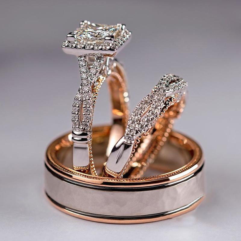 Rose Gold Three Piece Ring Set with Diamonds, Zirconia, Full Diamond, Female Pair Ring, Male Ring