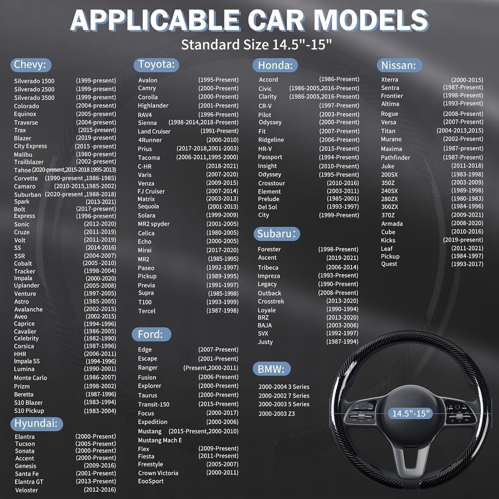 Car Steering Wheel Cover Carbon Fiber Snap On Steering Wheel Accessories Wrap 14.5-15 Inch Universal Grip Anti-Skid Protector, Glossy Black