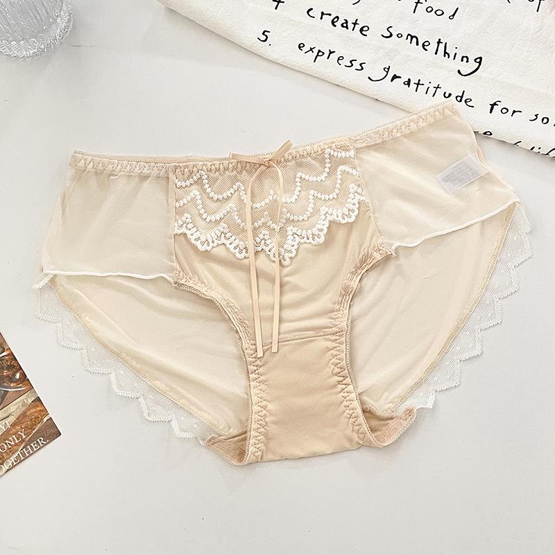 Women's Luxe Satin Mesh Sexy Lace Thin See Through Mid Low Waist Light Cooked Briefs Panties