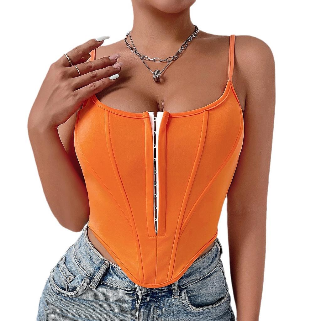 Women's Splicing Row of Buttons Fishbone Drawstring Waist Slim Diamond Backless Halter Small Vest