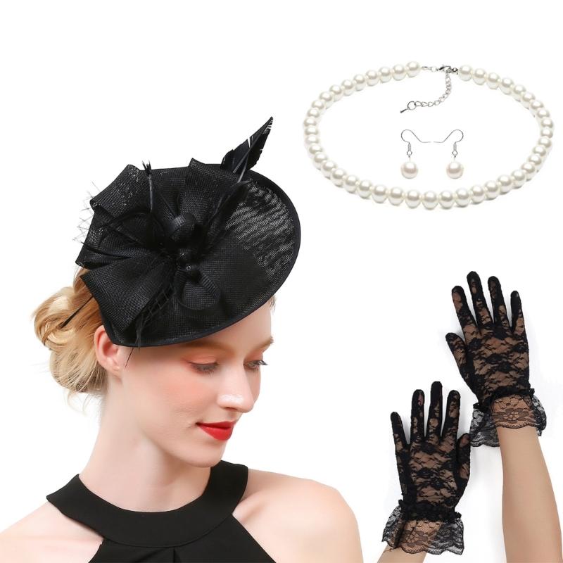 20s Derby Hat with Feathered Necklace Earrings Gloves For Women Horse Racing Event and Cocktails Party Props Headwear