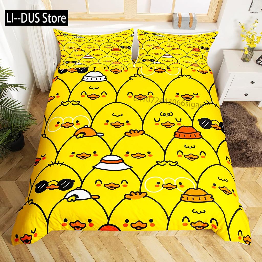 Housse de couette canard de dessin animé pour enfants garçons filles Kawaii canard avec couronne fleurs ensemble de literie housse de couette animal avec 2 taies d'oreiller