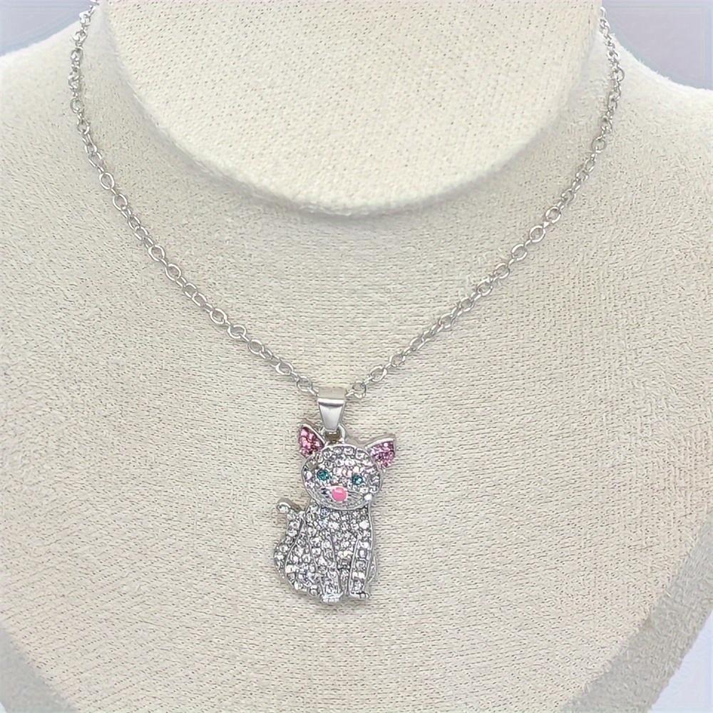 1pc Exquisite Cute And Fashionable Silvery Cat Pendant Necklace, Inlaid With Imitation Zircon Necklace For Girls, Holiday Birthday Party Gifts