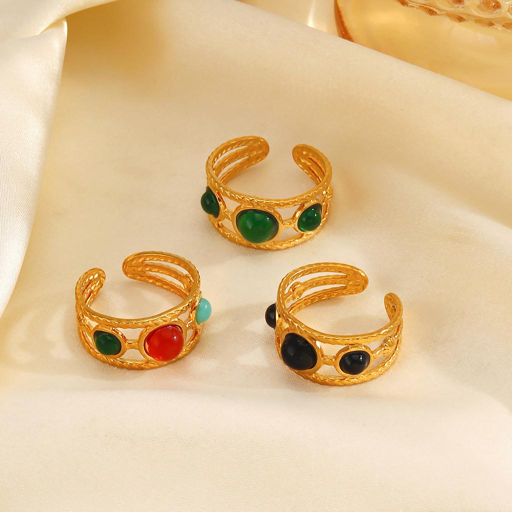 Vintage Stainless Steel Multi Layer Lines Rings for Women Men Colorful Resin Semi-Circle Bead Opening Rings Banquet Jewelry Gift