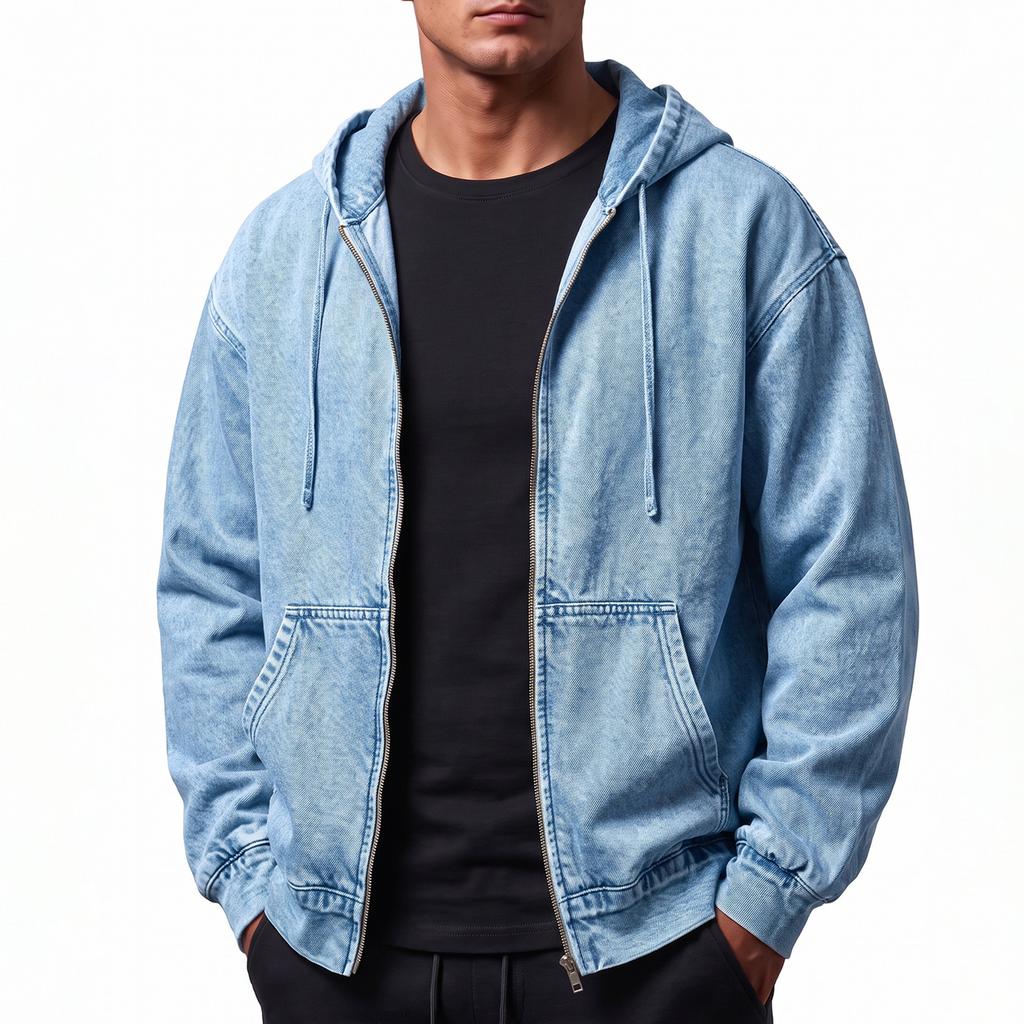 Men's Casual Full Zip Hooded Denim Jacket for Everyday Wear and Outdoor Activities