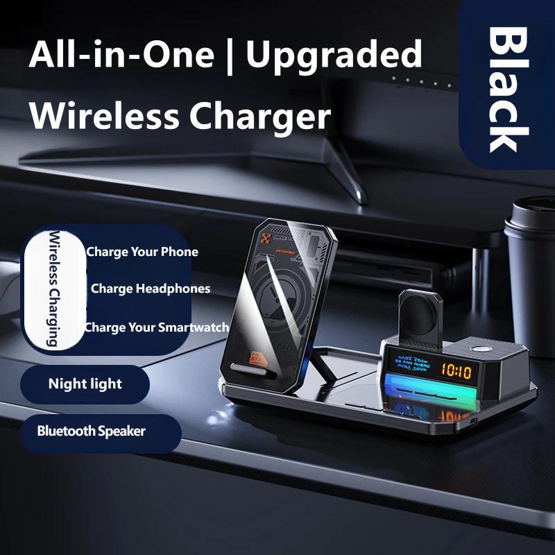 Automatic Lift Dual-Coil 3-in-1 Wireless Charger Station, Fast Charging Dock for Phone Watch Earbuds, Multi-Device Charging Stand with LED Display