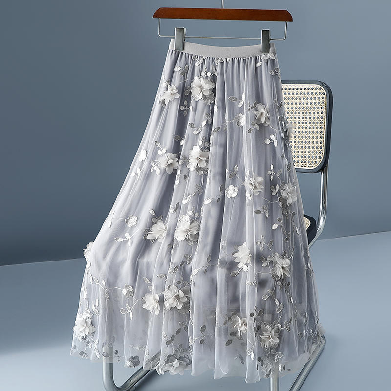 Jupes de luxe pour femmes, style coréen, mode, taille élastique, appliques, broderie, jupe en maille florale, longue jupe de bal en gaze