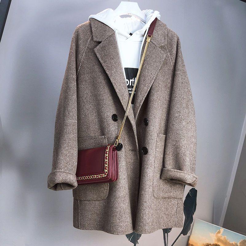 Damen Fischgräten-Wollmischung Mantel Winter Lockerer Oversized Blazer Jacke mit Revers
