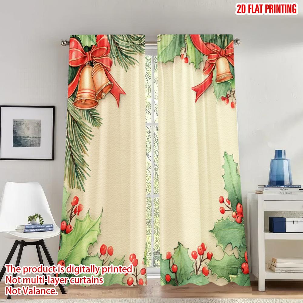 

Set Of 2 Flat Printing Christmas Curtains Holly Bells Border Digital Printed Polyester Drapes Birthday Party Curtain W100*H70(CM)-Grommet top&1PCS
